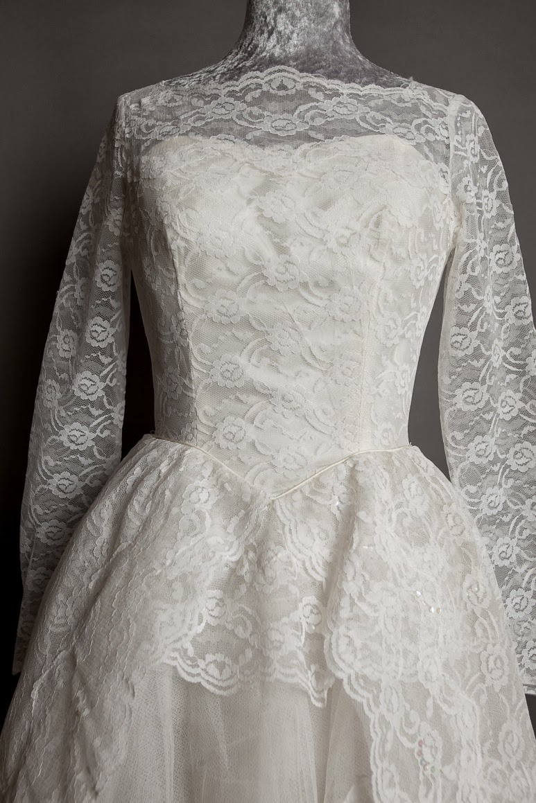 1950s lace wedding dress, 'cupcake' style, c Heavenly Vintage Brides
