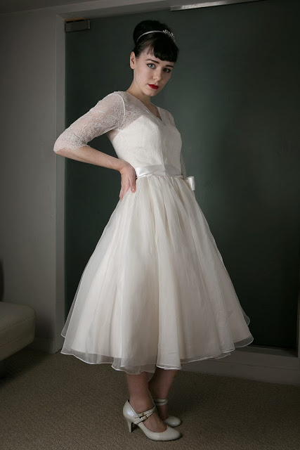 1950s Vintage Wedding Dress 'Chantilly' c. HEAVENLY VINTAGE BRIDES - tea length with three-quarter sleeves