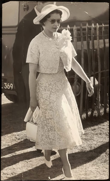 Queen Elizabeth wearing vintage lace dress, 1959