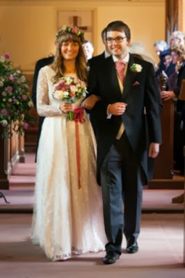 Real vintage bride Olivia in 1960s lace vintage wedding dress, Olivia and Nick walking up church aisle